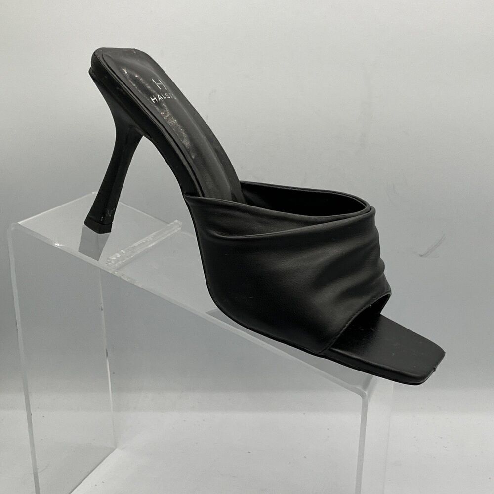 H Halston Luandas Black Heels 8.5 Medium Vegan Leather Open Square Toe Slide